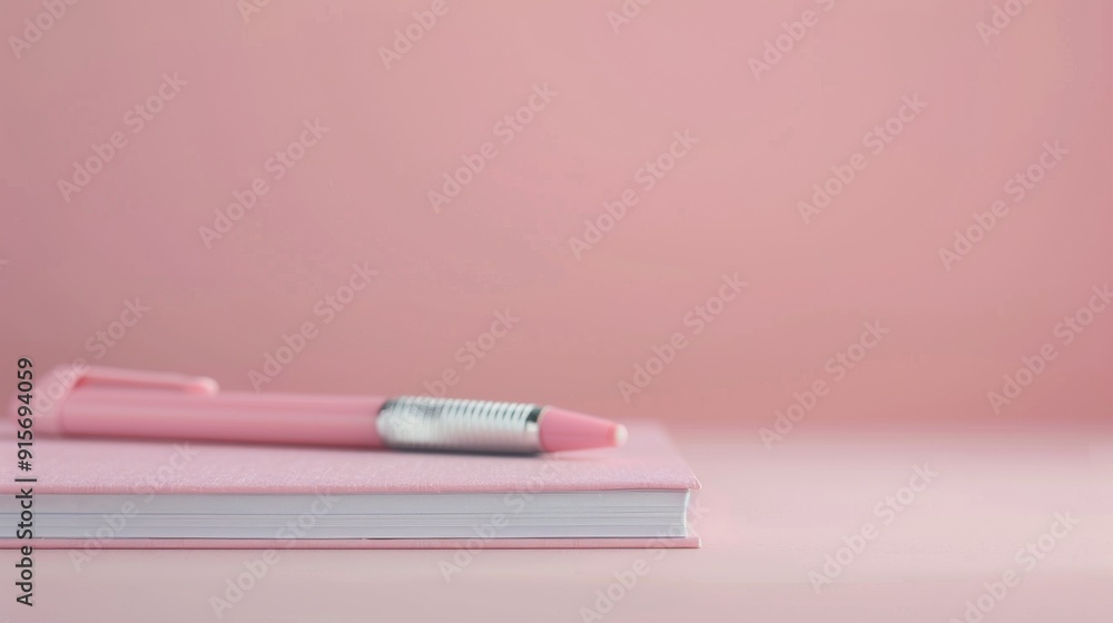 Poster pink notebook and pen on soft pink surface in minimalist setting