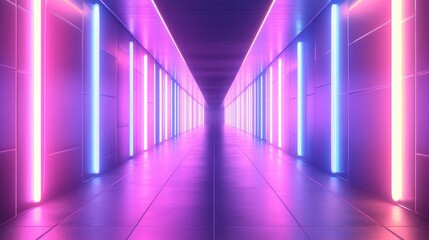 Endless corridor with reflective surfaces and dynamic neon lights. 3D illustration.