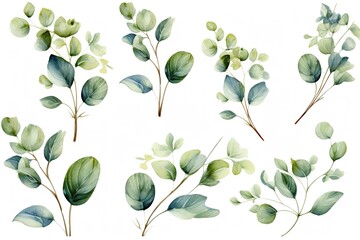 Watercolor illustration of eucalyptus leaves on white background.