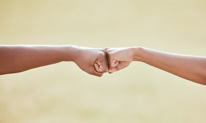 Sport, people or fist bump with hands outdoor for game celebration, partnership or match victory....