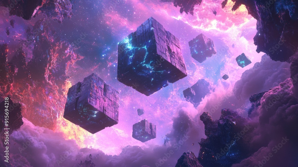 Poster floating cubic structures creating a futuristic space station, with a cosmic backdrop.