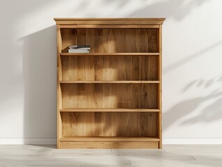 Fototapeta premium A stylish wooden bookshelf with empty shelves, perfect for displaying books and decorative items in modern interiors.