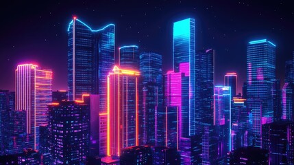 Futuristic 3D cityscape at night with neon glow and vivid colors. Illustration featuring skyscrapers and modern downtown architecture.