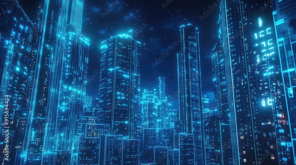 Poster futuristic city illuminated with neon blue lights and streaming binary code. symbolizing advanced da
