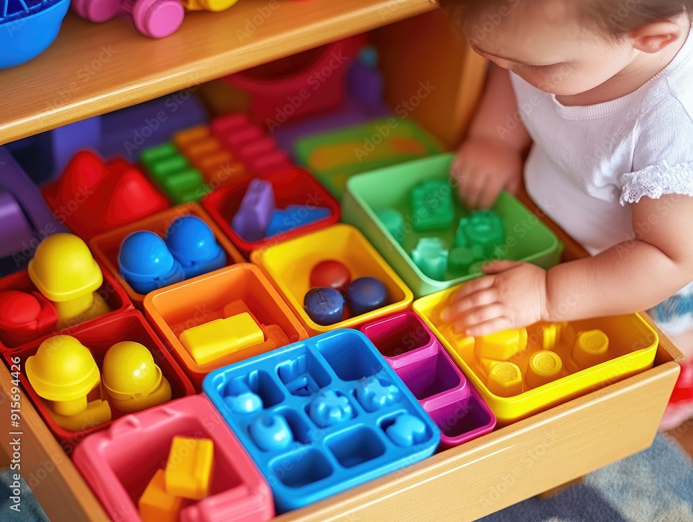 Poster child organizing toys by color, illustrating fine motor skills and orderly behavior