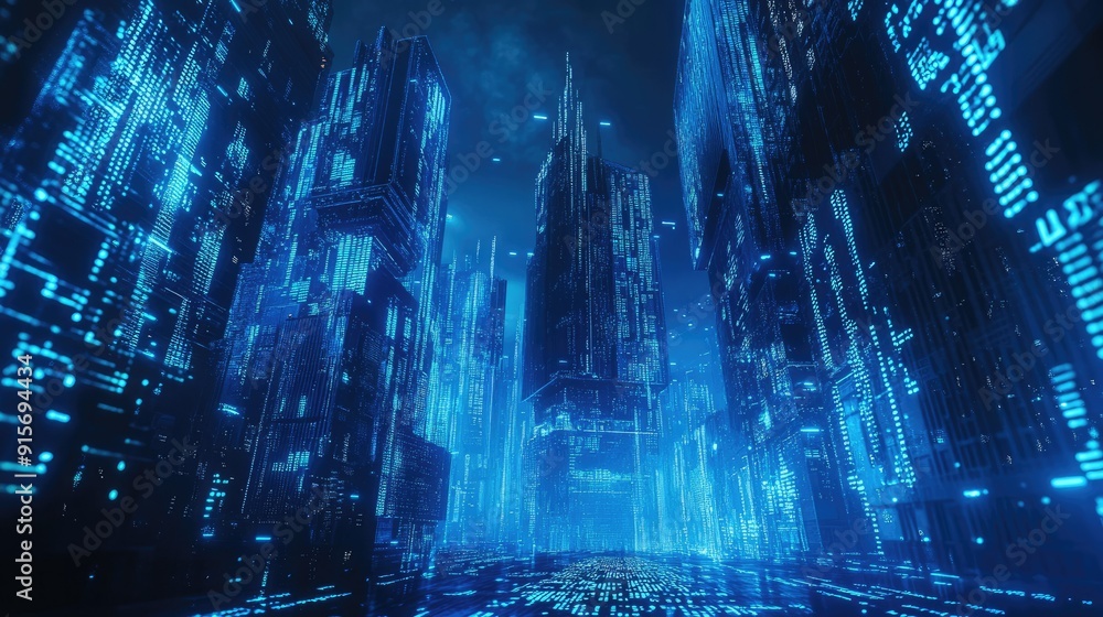 Poster futuristic city illuminated with neon blue lights and streaming binary code. symbolizing advanced da