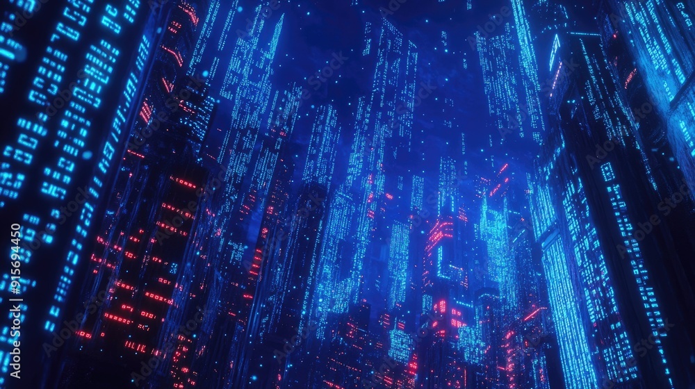 Poster Futuristic city illuminated with neon blue lights and streaming binary code. Symbolizing advanced data flow and digital innovation.