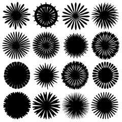 Black and white silhouettes of sunbursts on a white background