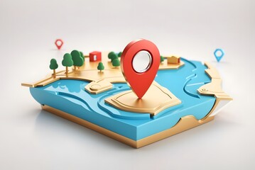 3D location folded paper map, search bar and pin isolated. Red GPS pointer marker icon. Render GPS and navigation symbol. Element for map, social media, mobile apps. Realistic vector illustration
