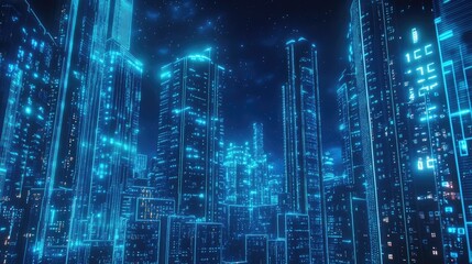 Obraz premium Futuristic city illuminated with neon blue lights and streaming binary code. Symbolizing advanced data flow and digital innovation.