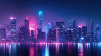 Fototapeta premium Futuristic city skyline at night with glowing neon lights and modern architecture. Dark panoramic background with a cyberpunk feel.