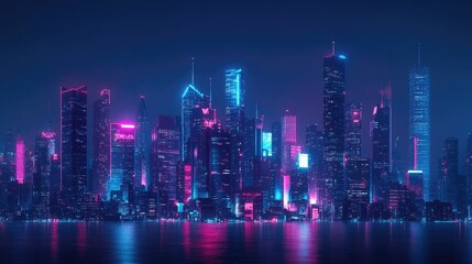 Obraz premium Futuristic city skyline at night with glowing neon lights and modern architecture. Dark panoramic background with a cyberpunk feel.