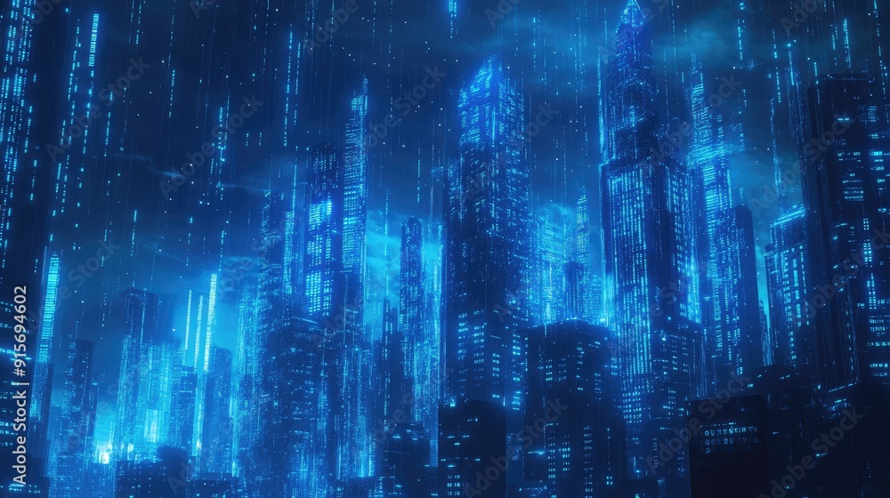 Poster futuristic city skyline with neon blue lights and cascading binary code. symbolizing high-tech data 