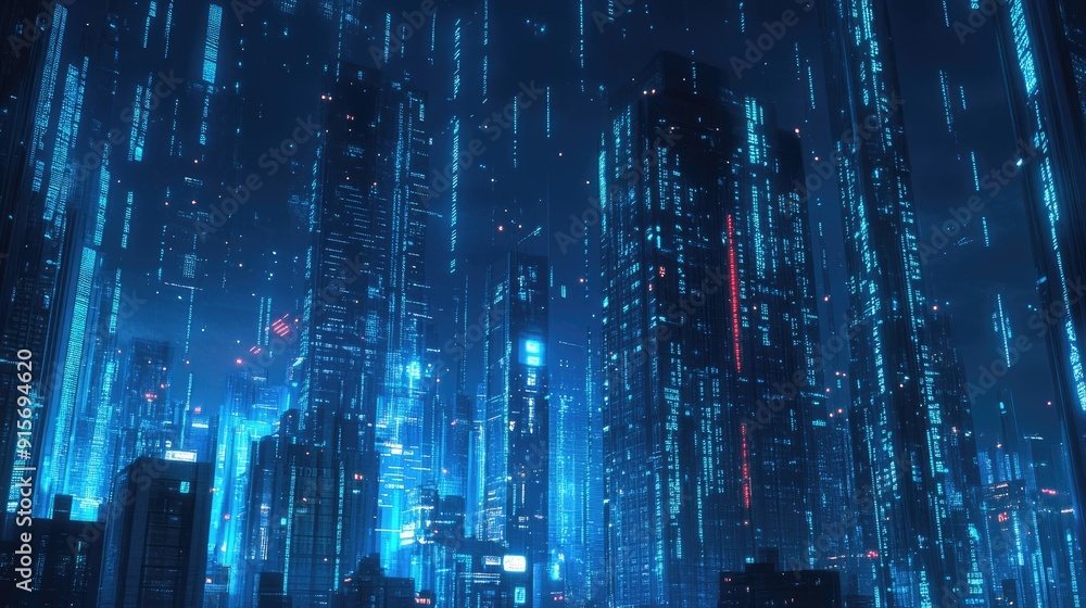 Poster futuristic city skyline with neon blue lights and cascading binary code. symbolizing high-tech data 