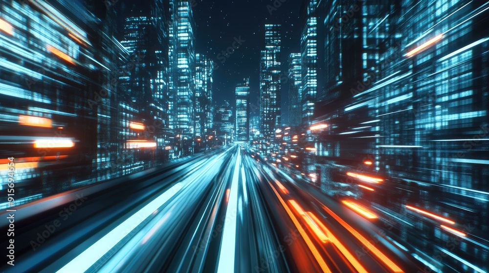 Poster futuristic city with a hyperloop moving at warp speed. 3d render of blurred building lights creating