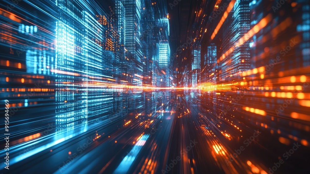 Poster futuristic city with a hyperloop moving at warp speed. 3d render of blurred building lights creating