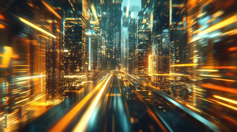 Poster futuristic city with a hyperloop moving at warp speed. 3d render of blurred building lights creating