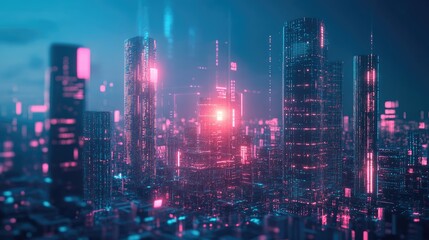 Obraz premium Futuristic city with glowing data streams and skyscrapers symbolizing cyber security and technology.