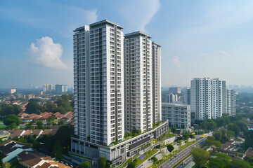 Obraz premium 3D render of the Exterior Facade of Residential Skyscraper Apartment Condominium Flat Building Office Tower Real Estate Property Aerial View Drone View