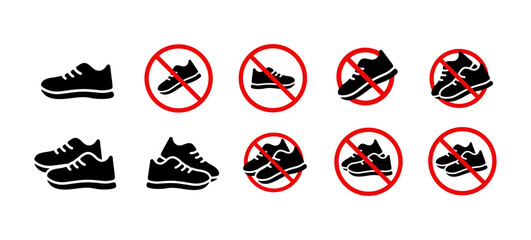 Shoe icons. No shoes allowed icon set. Please remove your shoes sign. Please take off your shoes illustration. Vector no shoes symbol.
