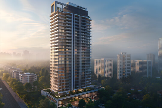 3D render of the Exterior Facade of Residential Skyscraper Apartment Condominium Flat Building Office Tower Real Estate Property Aerial View Drone View