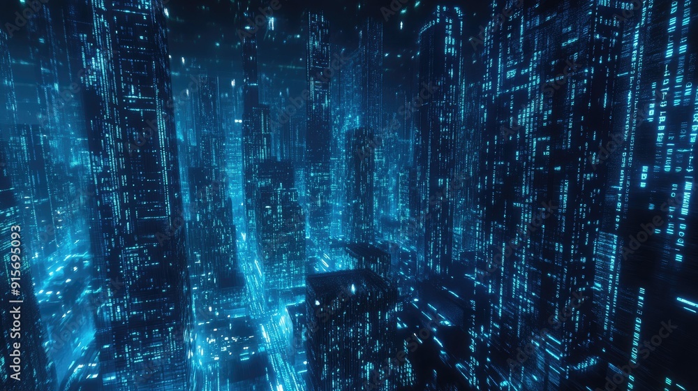 Poster futuristic cityscape with neon blue glow and dynamic binary code. symbolizing advanced technology, d
