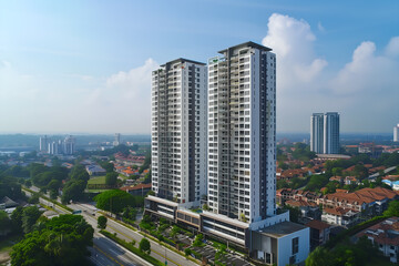 Obraz premium 3D render of the Exterior Facade of Residential Skyscraper Apartment Condominium Flat Building Office Tower Real Estate Property Aerial View Drone View