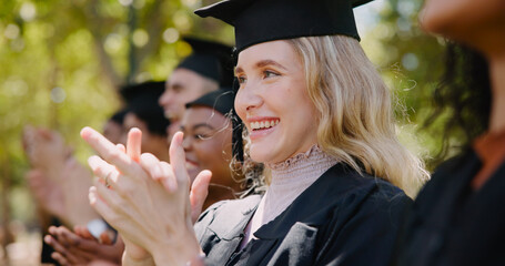 Education, woman and students clapping hands at graduation for academic milestone and achievement....