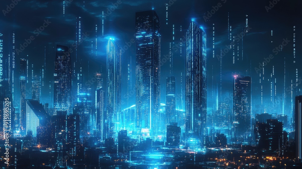 Poster futuristic cityscape with neon blue illumination and binary code streaming through the skyline. repr