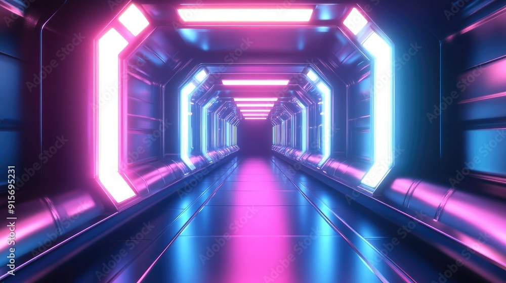 Poster futuristic corridor with reflective textures and bright, glowing lights extending endlessly.