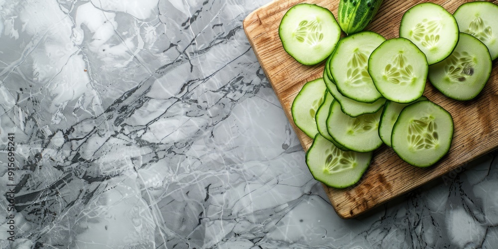 Poster fresh cucumber being sliced on a cutting board sliced cucumber on marble surface overhead view with 