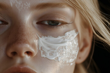 Fototapeta premium Close-Up of Blonde Girl's Skin with Face Cream Applied