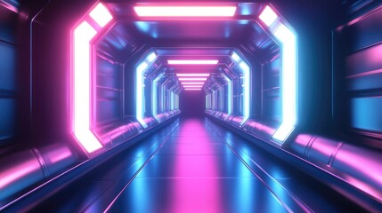 Futuristic corridor with reflective textures and bright, glowing lights extending endlessly.