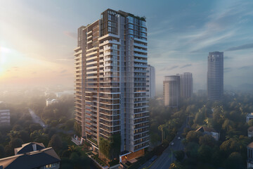 Obraz premium 3D render of the Exterior Facade of Residential Skyscraper Apartment Condominium Flat Building Office Tower Real Estate Property Aerial View Drone View