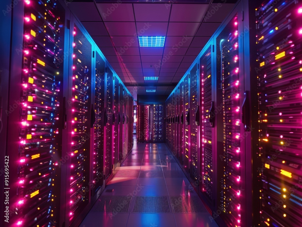 Poster a vibrant data center corridor illuminated by colorful lights, showcasing rows of powerful servers a