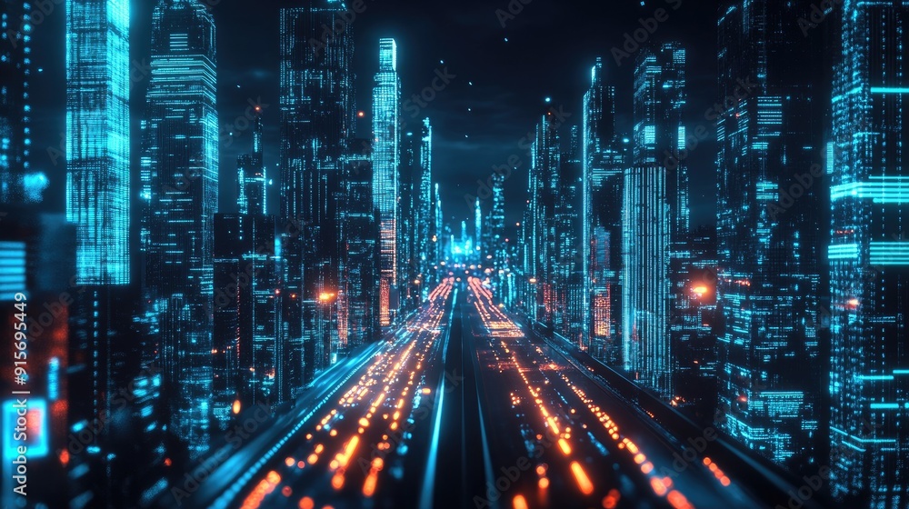 Poster futuristic digital city with illuminated skyscrapers and traffic symbolizing big data and security.