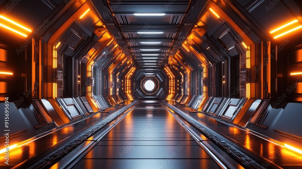Poster futuristic hangar with brick texture and glossy reflections. sci-fi corridor. 3d rendering.