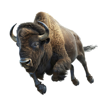 Bison leaping gracefully isolated in a white transparent  background
