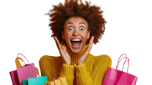 Ecstatic person celebrating with colorful shopping bags