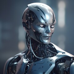 Close up of a robotic humanoid with white eyes and metallic skin.