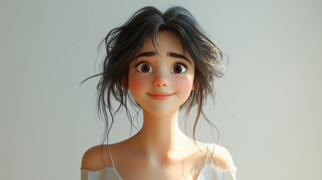 A 3D cartoon-style young woman with a blushing face and shy smile shows embarrassment and affection on a white background.

