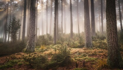 Fototapeta premium A dense, misty forest filled with towering pine trees, where soft, ethereal light filters through the fog, creating a serene and mystical atmosphere.