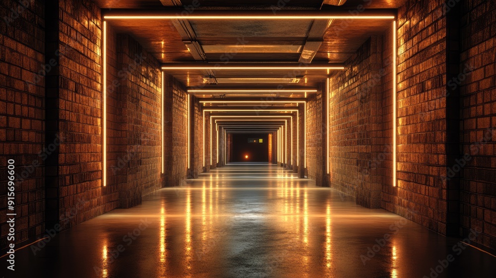 Poster futuristic sci-fi hangar tunnel corridor with brick texture and reflective surfaces. 3d rendering ba