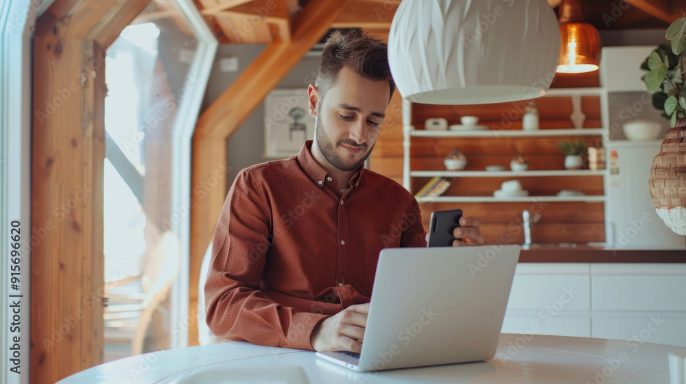 Poster a man is sitting at a table with a laptop and a cell phone