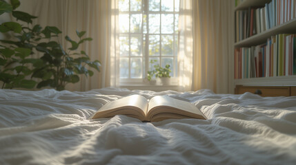 The book is a classic novel, lying open on a white bed spread in a bedroom, with soft morning light streaming through the sheer curtains. The setting evokes a peaceful, reflective moment, with the boo