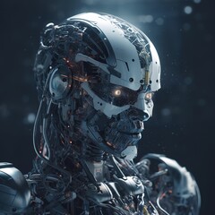 Close-up of a robotic head with intricate details and glowing eyes.