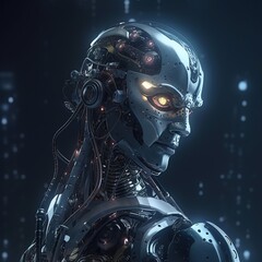 Close-up of a robotic head with glowing eyes against a dark background.