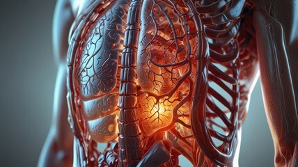 A digital illustration of a human anatomy model, Reproductive System: Testes (males) and muscles