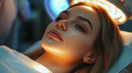 Fototapeta premium Young woman undergoing facial treatment in a modern skincare clinic during a relaxing afternoon session
