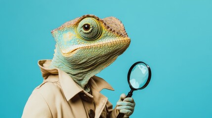 A Chameleon Wearing a Trench Coat and Holding a Magnifying Glass